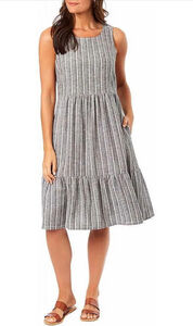 Briggs Tiered Linen Blend Dress, Sleeveless, Gray Stripe, Size S